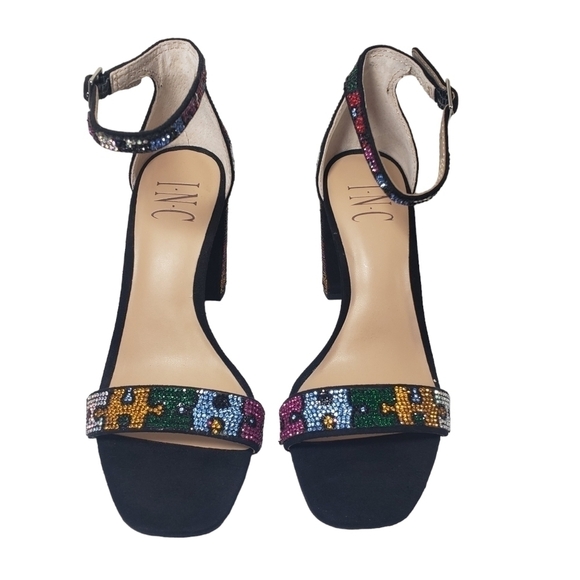 INC International Concepts Lexi Black Open Toe Buckle Rhinestone Puzzle Heels 5M - Picture 5 of 11